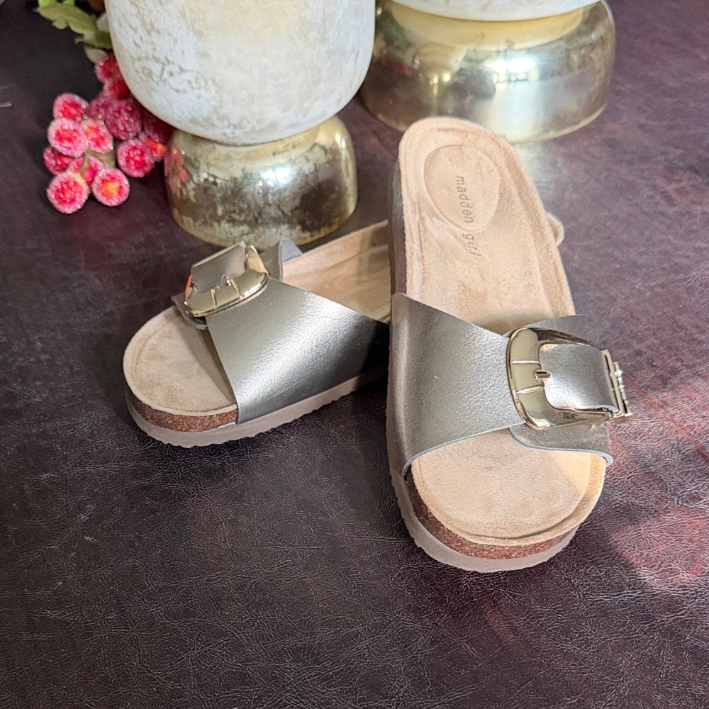 Madden Girl Metallic Pewter Slide Sandals with Gold Buckle